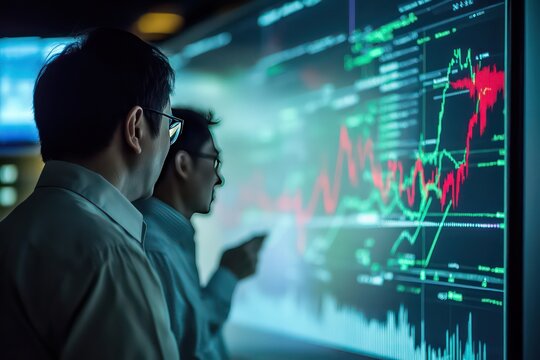 A collaborative discussion among Asian colleagues reviewing stock market trends on a projector screen.