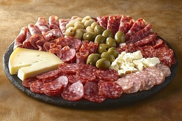 Obraz premium A Delicious Charcuterie Board Featuring a Variety of Meats, Cheeses, and Olives, Perfect for Entertaining Friends and Family on Holidays or Special Occasions