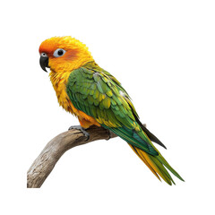 Obraz premium A vibrant parrot perched on a branch, showcasing bright yellow, green, and orange plumage, Isolated on white background.