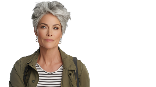 a 3d portrait of a young woman with gray hair and a green jacket PNG image, PNG file, Generative art. - Powered by Adobe