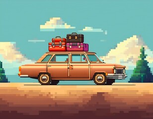 ゲームのドット絵風なロードトリップしている車