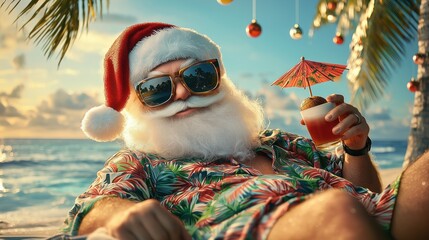 Santa Claus Enjoying a Drink on the Beach - Festive Holiday Background