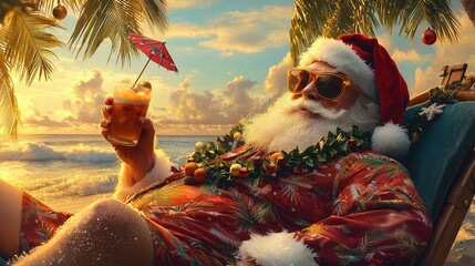 Santa Claus lounging on a tropical beach, wearing sunglasses and a Hawaiian shirt, sipping a coconut drink with a tiny umbrella.