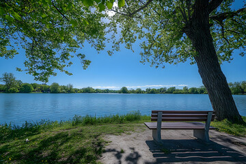 Serene Lakeside Bench: A Peaceful Summer's Day