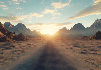 Fototapeta premium Majestic Sunset Over Desert Mountain Range: A Scenic Vista