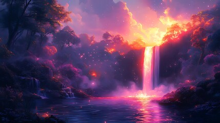 Fototapeta premium Magical waterfall sunset, vibrant jungle, fireflies, fantasy art, wallpaper