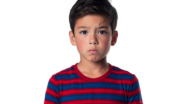 a photo of a young boy in a striped shirt making a funny face on a transparent background, PNG image, PNG file, Generative art.