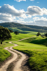 Fototapeta premium Serene Countryside Road Winding Through Rolling Green Hills Under a Bright Blue Sky