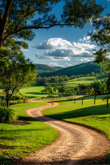 Serene Countryside Pathway: A Picturesque Winding Road Through Lush Green Fields and Rolling Hills Under a Sunny Sky