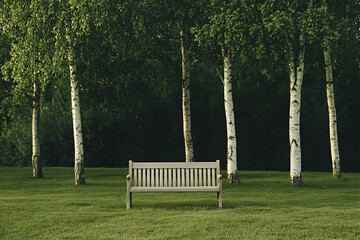 Tranquil Bench in a Birch Grove: A Serene Landscape