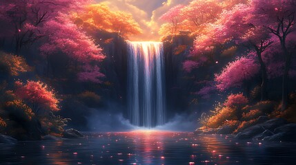 Fototapeta premium Autumnal waterfall, pink trees, sunset, serene pond, fantasy art