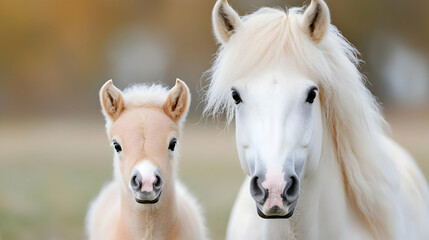 Fototapeta premium White mare and foal in autumn field