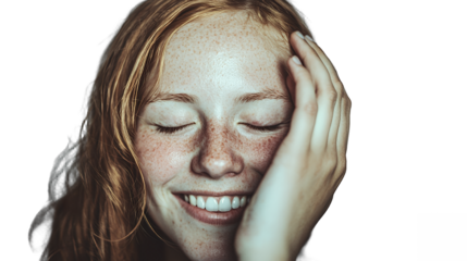 a portrait of a young woman smiling with her eyes closed holding her hands to her face PNG image, PNG file, Generative art.