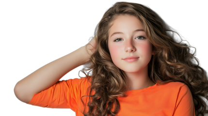 portrait of a young girl with long hair and hands on head on transparent background, photo PNG image, PNG file, Generative art.