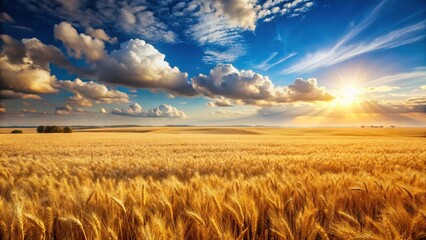 Naklejka premium A vast expanse of golden wheat field on a sunny day with a few clouds scattered across the sky and a gentle breeze rustling the grain, autumn landscape, agricultural land