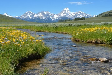 A crystal-clear mountain stream running through a meadow of wildflowers, with snow-capped peaks towering in the background.