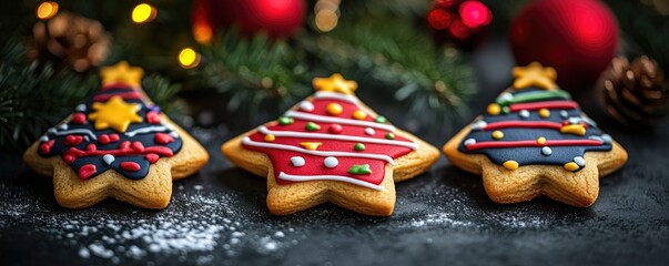 Obraz premium Festive Christmas tree cookies, holiday baking, delicious treats