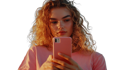 a young woman with red hair holding a pink cellphone in the dark PNG image, PNG file, Generative art.