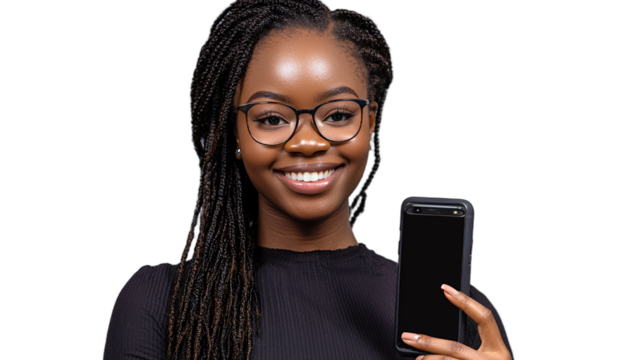 a beautiful young woman wearing glasses holding a black smartphone in her hands PNG image, PNG file, Generative art. - Powered by Adobe