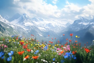 Fototapeta premium A dreamy view of colorful wildflowers swaying in the breeze, set against the grandeur of snow-capped mountain ranges.