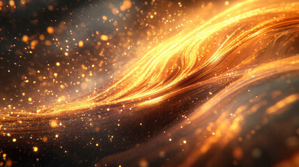 Obraz premium An intricate explosion of golden and azure light streaks, fluid tendrils intertwining with suspended glowing particles, set against a smooth single-tone backdrop