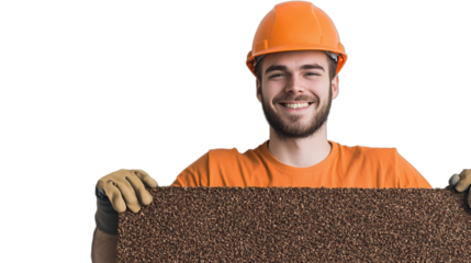 a young man wearing an orange helmet holding a board in his hands PNG image, PNG file, Generative art.