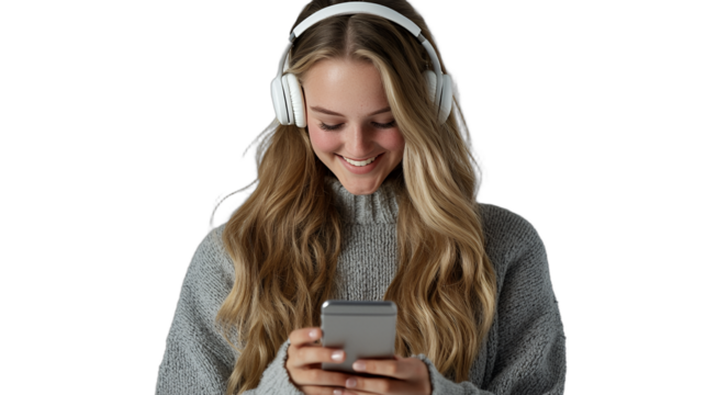 beautiful young woman wearing a grey sweater and white headphones looking at a smartphone on a transparent background, PNG image, PNG file, Generative art.