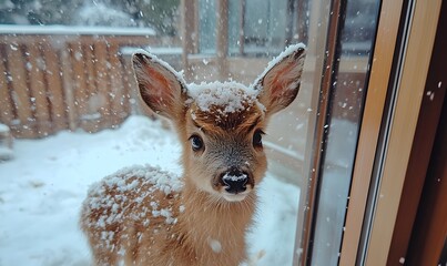 a baby sika deer covered in snow stands by the window.Generative AI