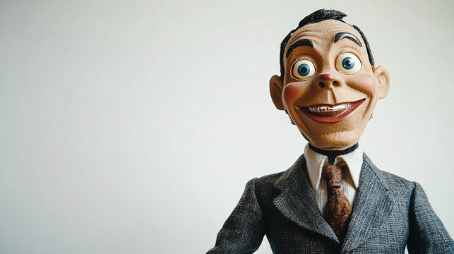 smiling vintage ventriloquist dummy doll wearing suit and tie against white background