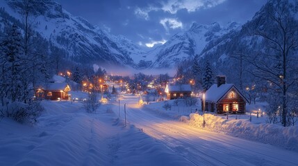 Fototapeta premium Snowy Village Nestled Among Majestic Winter Mountains