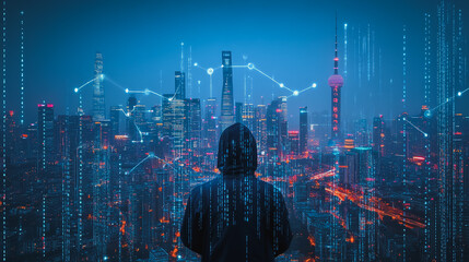 Hacker are planning to hack and attack networks and cyber security , innovative Smart city and graphs with statistics to analyze business potential and predict future developments in company growth.