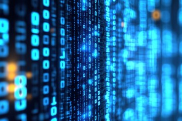 Obraz premium Abstract Digital Data Background with Glowing Binary Code in Blue Theme, Representing Technology, Innovation, and Modern Computing Concepts for Stock Photography