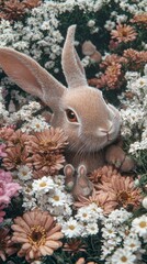 Obraz premium Adorable Bunny Rabbit Hiding in a Field of Flowers