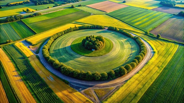 Anomalous drone shot reveals abstract shapes, a misfit puzzle in the aerial landscape; defying geometric norms.