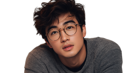 a young man wearing glasses and a grey sweater poses for a portrait PNG image, PNG file, Generative art.