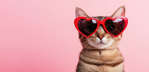 Fototapeta premium A stylish tabby cat wearing bold red heart-shaped sunglasses against a pink backdrop, exuding charm and confidence. Perfect for Valentine's Day campaigns, pet merchandise, and creative advertising