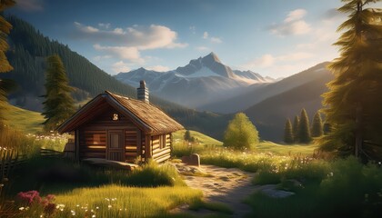 Peaceful Cottage Amidst Rural Tranquility with a Majestic Mountain Backdrop A Serene Scene of Natures Beauty at Dusk.