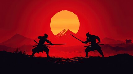 2 samurai silhouette fighting, dark red background