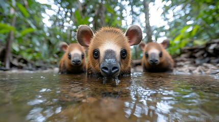 Fototapeta premium Three Red Pandas Playing in Jungle Stream