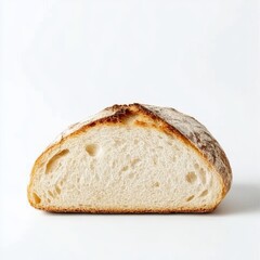 A rustic loaf of sourdough bread, freshly baked, isolated white background