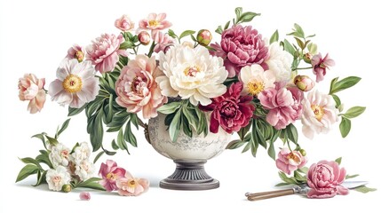 Fototapeta premium Lush pink and white peonies in urn, floral arrangement, white background, wedding invitation