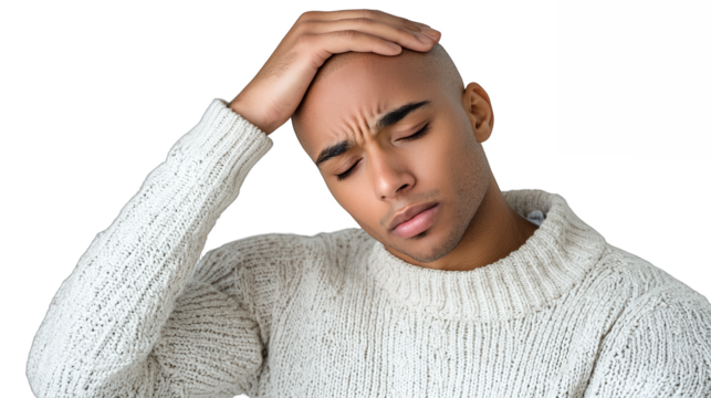 a portrait of a young man in a white sweater holding his head with his hands on his forehead PNG image, PNG file, Generative art.