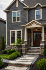 Modern House Exterior Design: Stone and Gray Facade with Landscaped Pathway