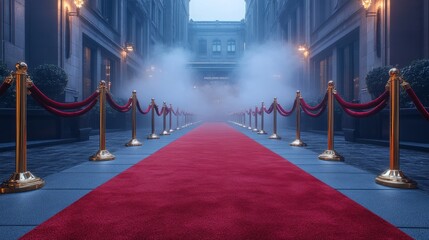 A pristine red carpet with velvet ropes, golden stanchions in an empty hotel lobby
