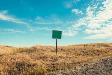 Blank Green Signpost in a Dry, Sunny Landscape: A Road Trip Ahead