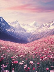Obraz premium A tranquil scene of a field of red and pink wildflowers leading up to a range of snow-capped mountains under a pastel sky.