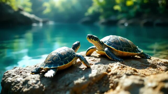 Two small turtles resting on a rock near a beautiful, calm lake.  The scene is peaceful and serene.