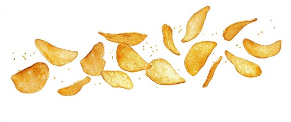 Potato chips in mid-air, isolated against a clean background.