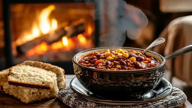 A cozy bowl of chili with corn and beans, served with cornbread by a warm fireplace