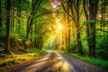 Fototapeta premium A sunlit forest path, gravel beneath dappled sunlight, offers a rural escape.